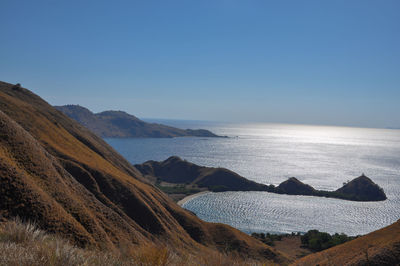 Scenic view of sea against clear blue sky
