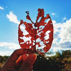 Close-up of hand holding apple against sky