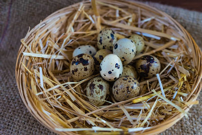 High angle view of eggs in basket