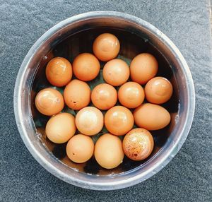 High angle view of fruits in bowl on table