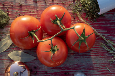 High angle view of tomatoes on table