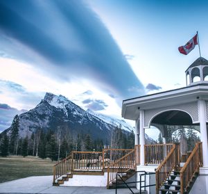 Scenic view of snow covered mountain against cloudy sky