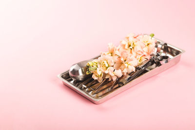 Close-up of dental equipment in tray over pink background