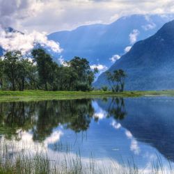 Scenic view of lake with mountains in background