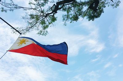 Low angle view of flag against sky