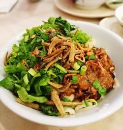 High angle view of meal served in bowl on table