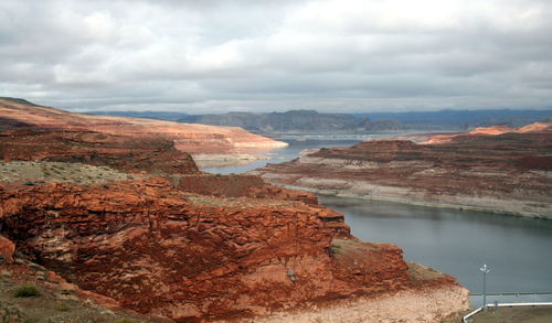 Scenic view of lake against cloudy sky