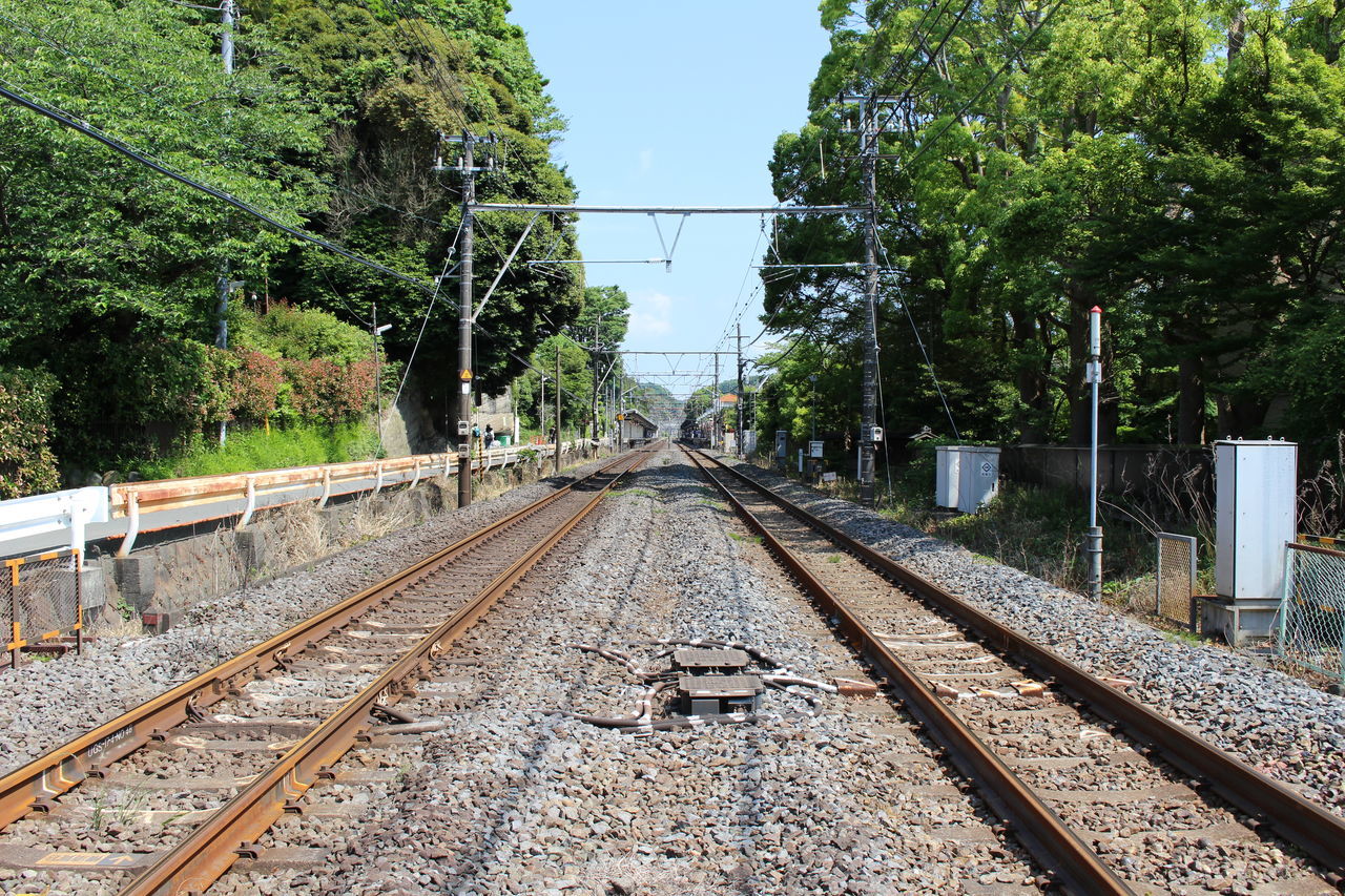 railroad track, rail transportation, transportation, day, railroad tie, railway track, the way forward, tree, cable, outdoors, no people, public transportation, clear sky, nature, sky