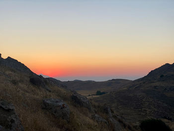 Scenic view of mountains against clear sky during sunset