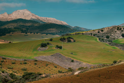 Scenic view of landscape and mountains against sky