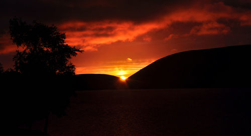 Silhouette trees against dramatic sky during sunset