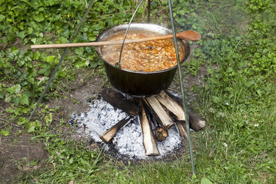 High angle view of food being prepared on bonfire at campsite