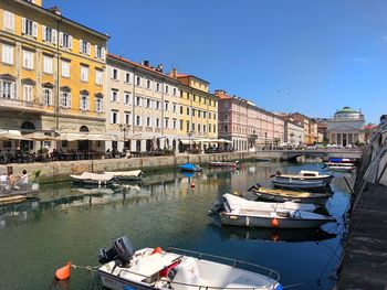 Boats moored in canal by buildings against sky in city