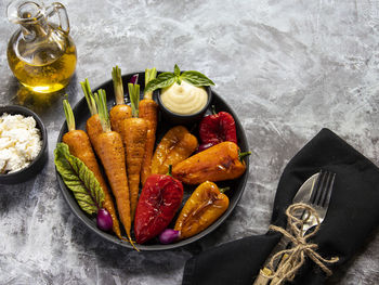 High angle view of food on table