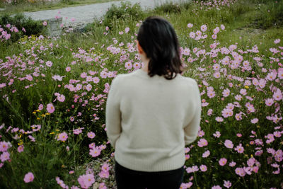 Rear view of woman standing by pink flowering plants