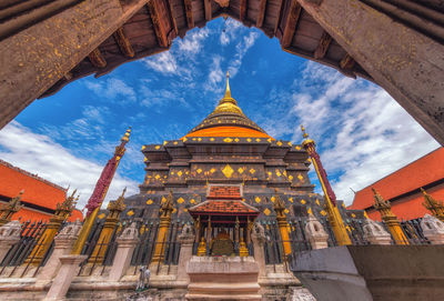 Low angle view of pagoda against sky