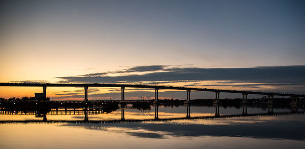 Pier over river against sky during sunset