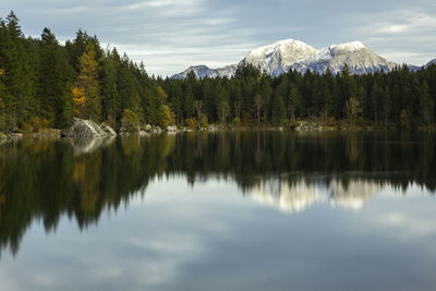 Scenic view of lake by trees against sky