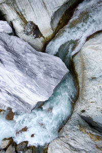 High angle view of water flowing through rocks