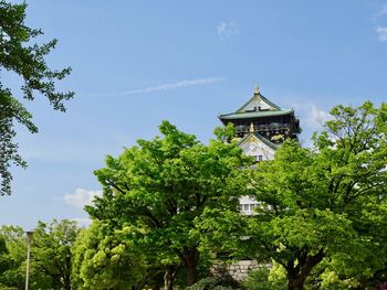Low angle view of osaka castle and trees against sky