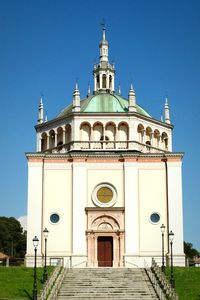 Low angle view of church against blue sky