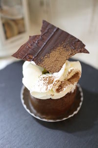 Close-up of cake served in plate on table