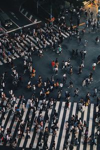 High angle view of people walking on road in city