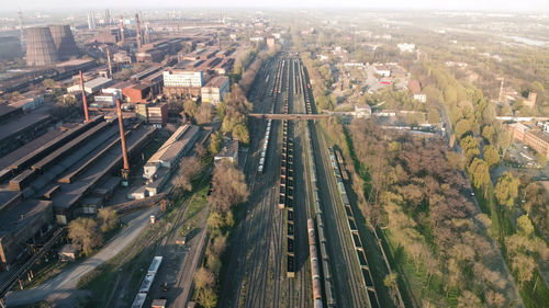 Aerial top view to railway cylindrical tank shipping containers rail way art artistic composition