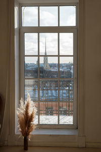 Trees in city seen through window