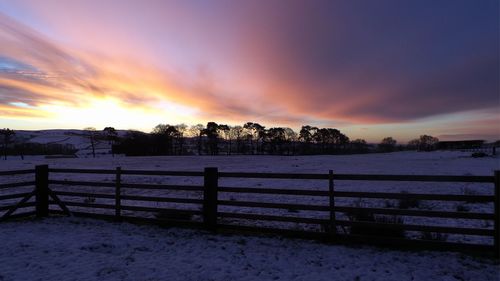 Scenic view of snow covered field at sunset