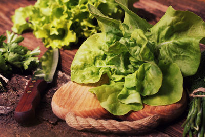 High angle view of vegetables in basket on table