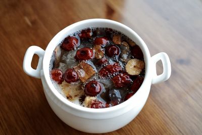 High angle view of breakfast served on table