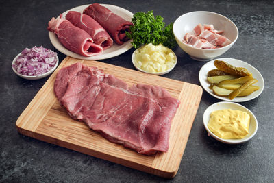 High angle view of raw food on kitchen counter