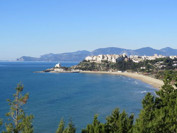 Scenic view of sea against clear blue sky