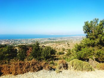 Scenic view of calm sea against clear blue sky