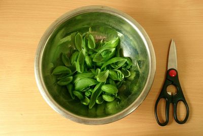 High angle view of salad in bowl on table