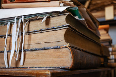Close-up of old books on table