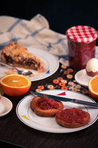 Close-up of breakfast served on table