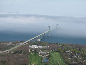 High angle view of suspension bridge over sea