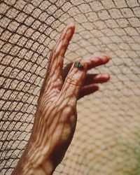 Cropped hand of woman touching chainlink fence