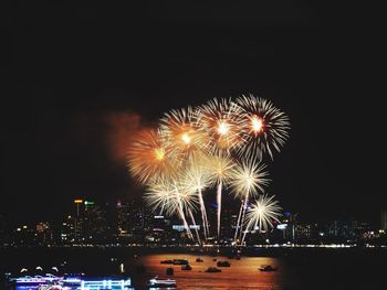 Firework display over city at night