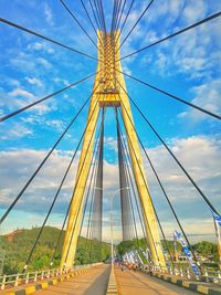 View of suspension bridge against cloudy sky