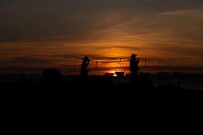 Silhouette people standing on shore against sky during sunset