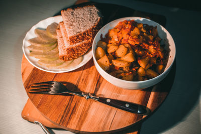 High angle view of food in plate on table