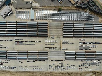 Aerial view of vehicles in factory