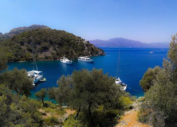 Scenic view of bay against clear blue sky