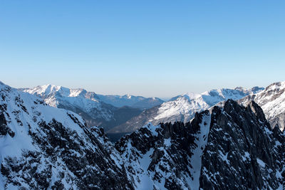 Scenic view of snowcapped mountains against clear sky