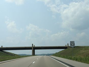 Road sign on highway against sky