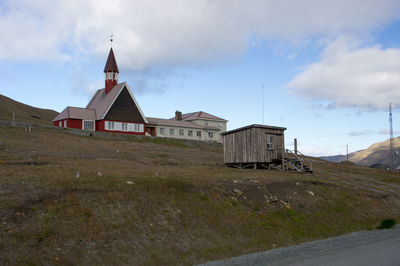 Built structure on landscape against sky