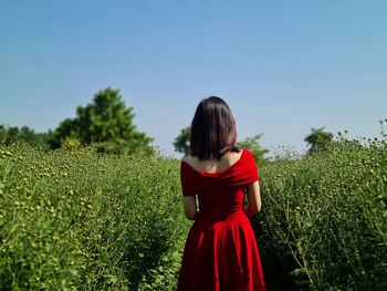 Rear view of woman standing on field against sky